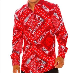 New!!! Mens Red Paisley long sleeve button frnt woven shirt; sz M(15.5 neck sz)